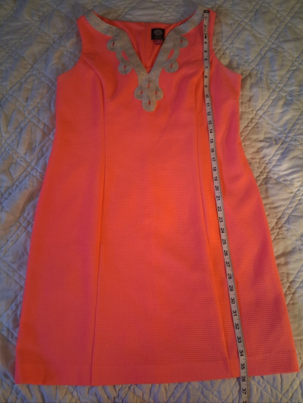Vince Camuto Hot Pink Sleeveless Embroidered Gold V-Neck Mini Dress. Size 14 - Picture 7 of 8
